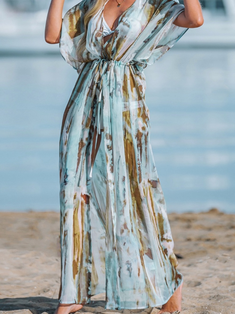 Cupshe Sheer Aqua and Olive Print Swim Kimono Cover-Up - Picture 2 of 5